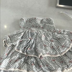 Smocked Checkered Skirt with Floral Accents